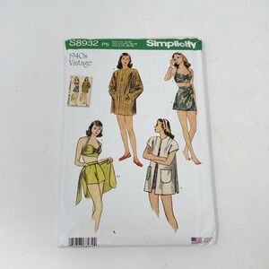 Simplicity S8932 1940s Vintage Bikini Top, Shorts, Wrap Skirt & Coat Size 12-20